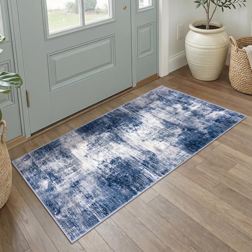Abstract Runner Rug 2x4 Ft Entryway Rugs Washable Door Mat Indoor Entrance, Rubber Backed Entryway Runners, Printed Faux Wool Non Slip Floor Carpet for Foyer Front Door Sink, Navy/Grey - color: Navy/Grey/White, size: 2' x 4' (Rectangular)