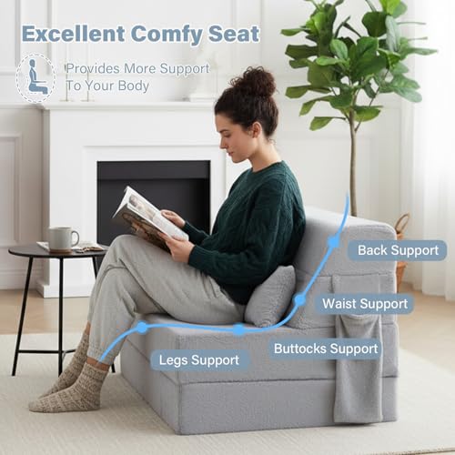 Convertible Folding Sofa Bed Mattress with Pillow & Side Pocket, Plush Fabric Floor Mattress Couch Bed, Washable Cover, Twin Size, White Gray - color: Plush White Gray, size: Twin Size