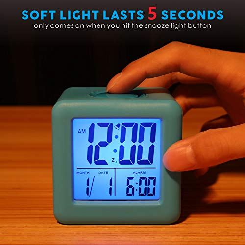 Plumeet Digital Alarm Clock Kids with Snooze and Nightlight - Easy Setting Silicone Clock Display Time, Date - Loud for Bedroom - Battery Powered (Blue) - color: Light Blue