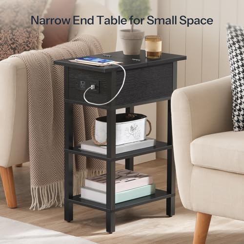 HOOBRO End Table with Charging Station, Flip Top Side Table with USB Ports, Narrow Nightstand Bedside Tables with Storage Shelves, for Small Space, Living Room, Black BK141UBZ01 - color: Black