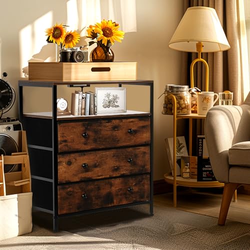 3-Drawer LED Nightstand with Charging Station, Rustic Brown | Engineered Wood and Steel, 2 AC and 2 USB ports, 24 Inch Wide, RGB App Control, Fabric Drawers, Open Storage Shelf - color: Rustic Brown