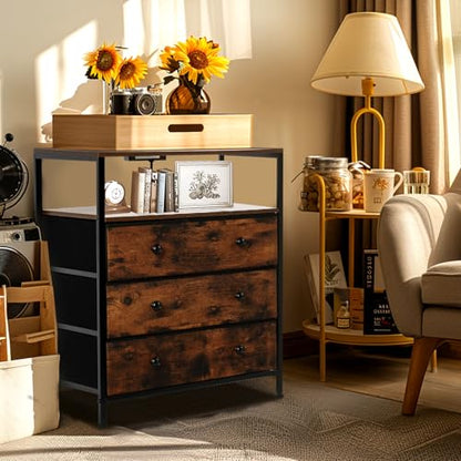 3-Drawer LED Nightstand with Charging Station, Rustic Brown | Engineered Wood and Steel, 2 AC and 2 USB ports, 24 Inch Wide, RGB App Control, Fabric Drawers, Open Storage Shelf - color: Rustic Brown
