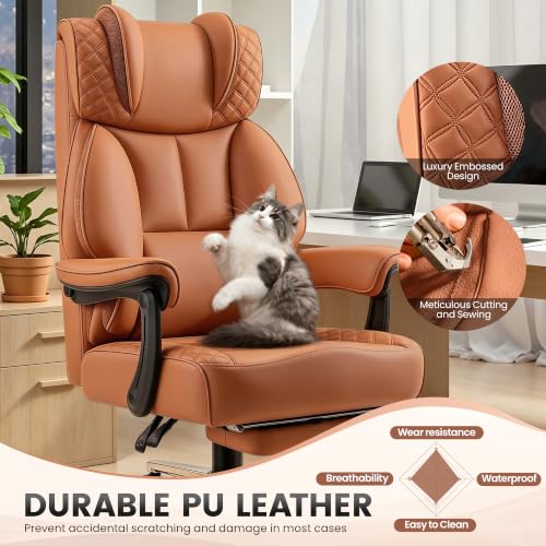 BestGlory Office Desk Chair, Big and Tall Leather Gaming Chair with Footrest, Ergonomic Comfy Executive High-Back Reclining Computer Chairs, Wide Swivel Rolling Wheels and Padded Lumbar Support, Brown - color: Terracotta, style: Freely Reclining