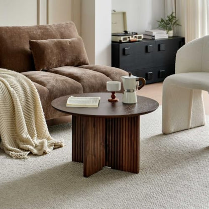 27" Round Coffee Table, Mid Century Modern Coffee Tables with Fluted Base, Wooden Circle Accent Center Table for Living Room Small Space Apartment Office, Walnut - color: Walnut, size: 27" Cross-leg Table