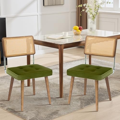 GarveeHome Natural Rattan Dining Chairs Set of 4, Velvet Upholstered Kitchen Chairs with Tall Cane Backrest and Strong Wood Legs for Dining Room, Kitchen, Restaurant, Green - color: Green, size: 4 PCS