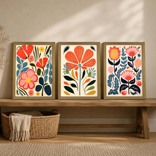 Framed Boho Colorful Floral Canvas Wall Art Set of 3, Mid Century Abstract Flower Print Picture, Scandinavian Folk Art Wall Decor Paintings for Living Room Bedroom Bathroom Home Decor 12x16 Inch - color: Colorful Flowers, size: 16"L x 12"W