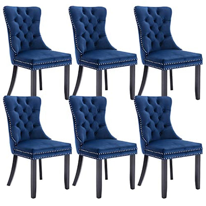 Virabit Tufted Dining Chairs Set of 6, Velvet Upholstered Dining Chairs with Nailhead Back and Ring Pull Trim, Solid Wood Dining Chairs for Kitchen/Bedroom/Dining Room (Blue) - color: Blue, size: set of 6