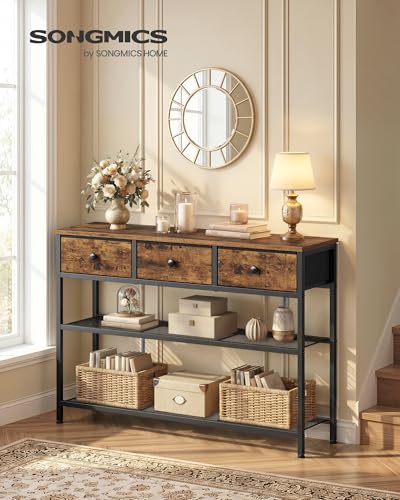 SONGMICS Console Table, Narrow Sofa Table with 2 Mesh Shelves | For Entryway, Living Room, 3 Fabric Drawers, Rustic Brown, BELLAH Collection ULGS098K101 - color: Rustic Brown, size: 11.8"D x 38.9"W x 31"H (3 Drawers)