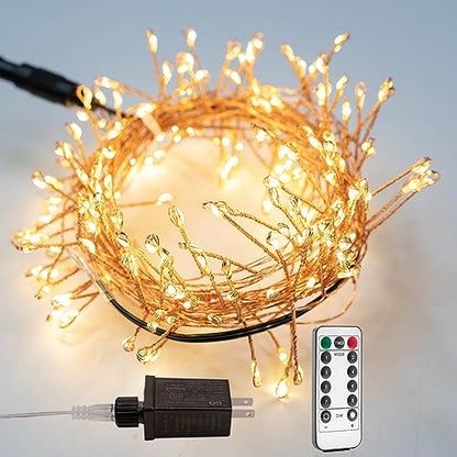 Fairy Lights Plug in, 20FT 200 LED for Christmas Decorations | Plug in Firecracker Lights with Remote, Warm White Indoor Cluster Starry Light for Bedroom Window Wedding Christmas Tree - size: 20FT 200 LED