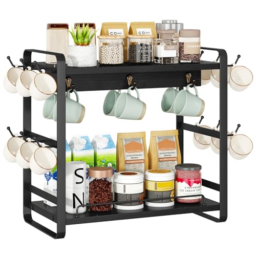 IBUYKE Kitchen Mug Cup Holder,2 Tier Coffee Bar Organizer,Black TBJ006B | Coffee Bar Station Countertop Organizer Coffee Mug Stand with 18 Hooks,Multifunctional Mug Tree for Home Kitchen Office - color: Black