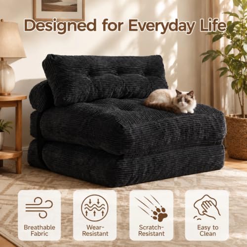 Small Couch Bed Floor Sofa, Foam Chair Bed, Frameless Sofa Sleeper | 3-in-1 Convertible Design, Frameless Sofa, Compressed Packaging, No Assembly Needed, 24/7 Customer Support - color: Black
