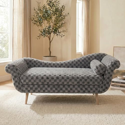 ERYE Upholstered Left Facing Chaise Lounge Chair W/Scroll Arms and Wood Legs, Elegant Chaise Lounge Square Pattern Accent Recliner Lounger Sofa for Living Room Bedroom - color: Smoke Grey Faux Fur/L