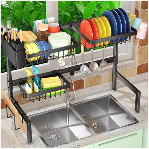 SNSLXH 2-Tier Over The Sink Dish Drying Rack, Kitchen Dish Drying Rack | Large Dish Drying Rack, Suitable for Most Sinks, Kitchen Drying Rack（26.57"-35"） - size: 2 tiers 3 baskets