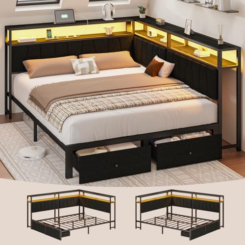 Queen Corner Bed Frame with Storage Drawers, Modern Daybed with LED Lights and Charging Station, Metal Platform Bed Frame Queen Size with Linen Upholstered Guardrail for Dorm Bedroom, Black - color: Black, size: Queen