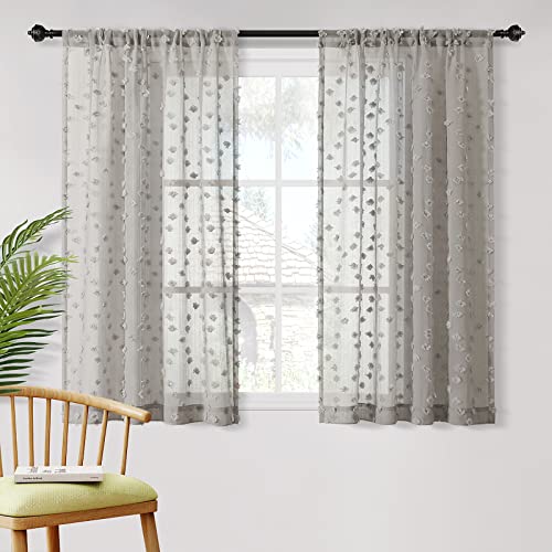 MYSKY HOME Grey Sheer Curtains with Pom Pom for Living Room 36x54,2 Panels | Light Filtering,Aesthetic Flowy Semi Sheer Gray Drapes with Design,for Girls Nursery Kids Bedroom Playroom Decor,Rod Pocket - color: 1-grey, size: 36"W x 54"L (Pack of 2)