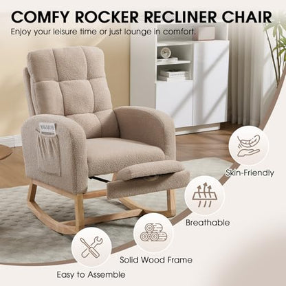 Rocking Chair Nursing, Rocker Chair with Footrest (Brown) | Teddy Boucle Upholstered Accent Reading Chair with High Back & Side Pocket for Living Room Bedroom Nursery Office - color: Brown