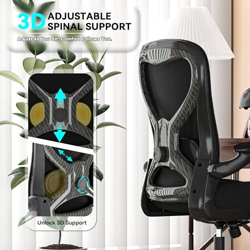 Office Desk Chair with Ergonomic Lumbar Support, Extra-Thick Seat Cushion, Flip-up Arms, Breathable Mesh Back, Computer Task Chair for Home Office (All-Black Carbon Fiber Model) | Adjustable Lumbar (up/down/in/out), Rocking Mesh Back, Flip-up Arms, Easy A