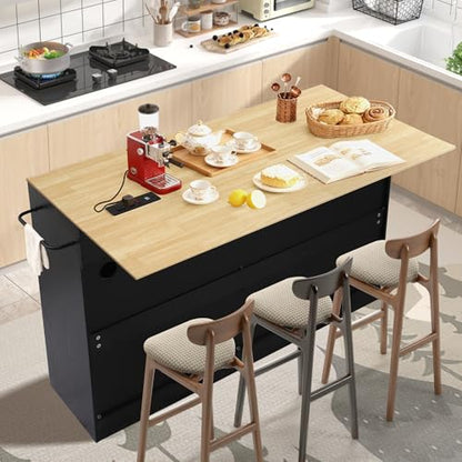 60" Kitchen Island with Power Outlet, Drop Leaf, Trash Can Storage | Rolling Kitchen Island Table Cart Cabinet with Drawer, Mobile Kitchen Cabinet on Wheels w/Spice Rack, Towel Bar, Hooks - color: Black, size: 60"