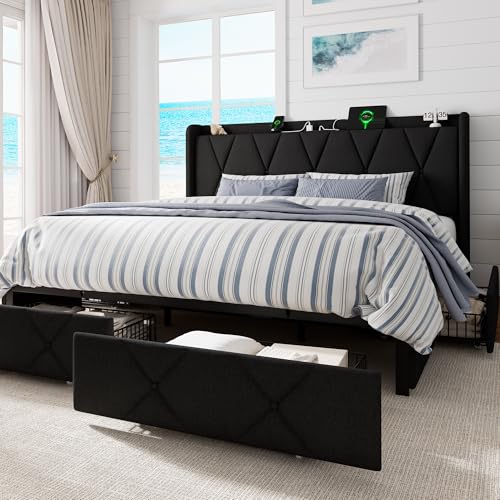 GalnFu King Bed Frame with 4 Storage Drawers, Upholstered Platform Bed with Charging Station, Modern Wingback Storage Headboard, Easy Assembly,Noise-Free, Black - color: Black, size: King