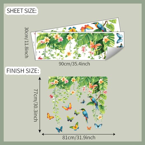 Tropical Green Plants Leaves Wall Decals Removable Hanging Vines Wall Stickers Peel and Stick Birds Butterfly Wall Decor for Bedroom Living Room Bathroom Classroom Decorations - style: Tropical Green Plants