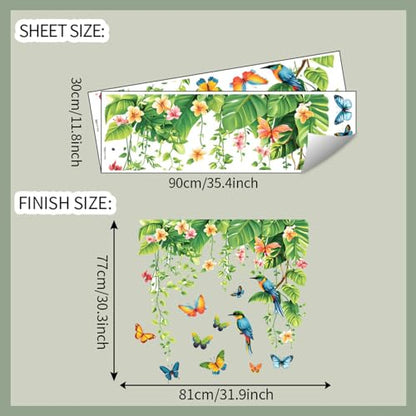 Tropical Green Plants Leaves Wall Decals Removable Hanging Vines Wall Stickers Peel and Stick Birds Butterfly Wall Decor for Bedroom Living Room Bathroom Classroom Decorations - style: Tropical Green Plants