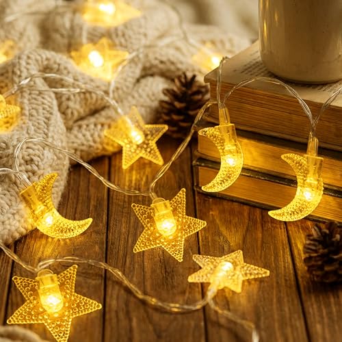 Whimsigoth Star and Moon Decor String Lights, Indoor Bedroom Classroom Dorm Patio Party Wedding Decor, Warm White (30ft Battery) - size: 30ft Battery