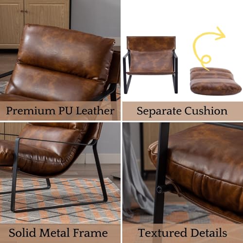 LukeAlon Modern PU Leather Accent Armchair, Black | Pu Leather Upholstered Living Room Chair With Metal Base & Thickened Cushion, Comfy Single Lounge Sofa for Bedroom, Office - color: Brown