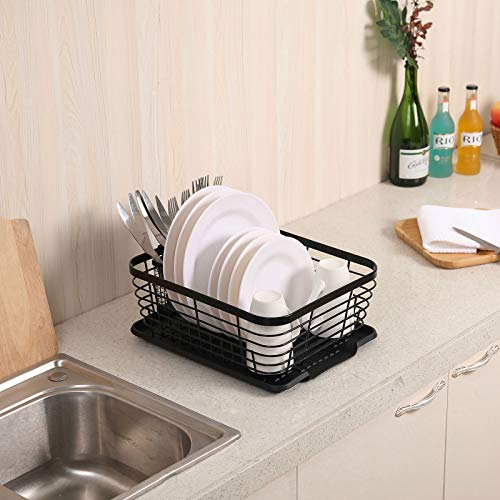 TQVAI Kitchen Dish Drainer Rack with Drying Board and Full-Mesh Silverware Utensils Holder, Black