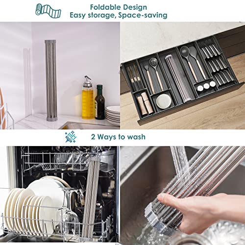Tomorotec Roll Up Dish Drying Rack Over Sink, SUS304 Steel, 17.7x11.5,Gray | Heat Resistant to 550°F With Non-Slip Silicone Grips, Multipurpose Trivet for Hot Pots, Dishwasher Safe - size: 17.7" x 11.5"