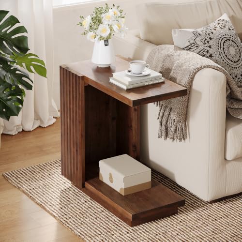 Solid Wood Side Table, C-Shaped Narrow End Table with Storage | 2-Tier Farmhouse Bedside Table with Fluted Panels, Wooden Nightstand for Bedroom, Living Room, Small Spaces, Vintage Brown - color: Vintage Brown