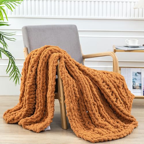 WESHIONGOO Chunky Knit Blanket Throw for Couch Bed 40"×60" Burnt Orange | 100% Handmade Knitted Throw blanket Fluffy Soft Blanket With Jumbo Chenille Yarn Thick - color: Burnt Orange, size: 40"x60"(Medium Size Throw)