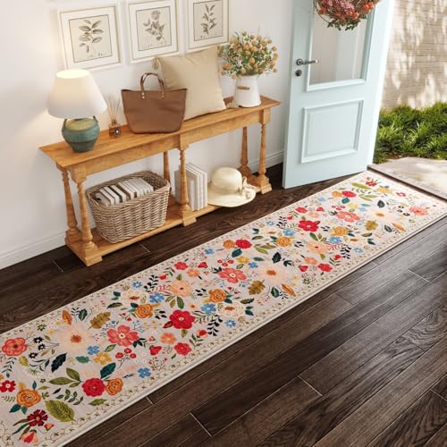 Rugcomf Washable Kitchen Runner 2'7"x12' - Floral Long Hallway Runner Rug Non Slip, Boho Carpet for Entryway, Hall, Bathroom - Beige - color: Beige, size: 2'7" x 12' (Rectangular)