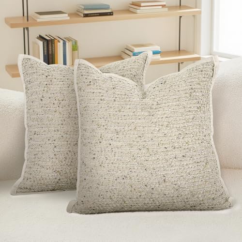 HEAVYWOOD Textured Boucle Pillow Covers 18x18 Set of 2 Striped Boho Farmhouse Throw Pillowcase Rustic Accent Square Couch Cushion Cover for Home Decor Bed Sofa Living Room (Beige, 18x18) - color: Beige