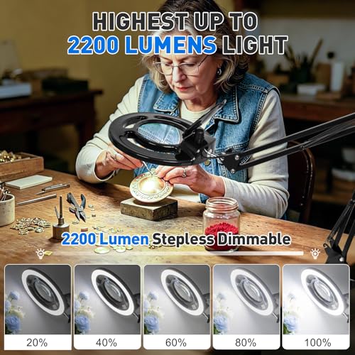 KIRKAS Magnifying Glass with Light, 2,200 Lumens Magnifying Lamp 12X | with Clamp, Stepless Dimmable Real Glass Lens Magnifier, Adjustable Arm Workbench Light for Close Work Hobby Repair - Black - color: Black