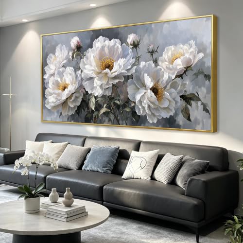 Large Blooming Peony Cluster Wall Art Framed with Hooks Floral Wall Decor 30"x60" - color: Colored Peony Flower, size: 147L x 73W cm