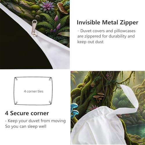 Magical Forest Duvet Cover Twin,3D Printed Bedding Set 3 Pieces,Comfy Reversible ancient trees and mushrooms Duvet Cover Set with 2 Pillow Shams,Zipper Closure and 4 Ties,68 x 90 in,Emerald green - size: Twin（68 x 90 in）