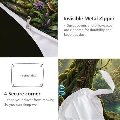 Magical Forest Duvet Cover Twin,3D Printed Bedding Set 3 Pieces,Comfy Reversible ancient trees and mushrooms Duvet Cover Set with 2 Pillow Shams,Zipper Closure and 4 Ties,68 x 90 in,Emerald green - size: Twin（68 x 90 in）