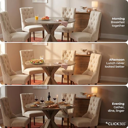 Alfred 46.5 Inch Round Dining Table for 4, Solid Wood Farmhouse Kitchen Table with Distressed Beige Finish and Pedestal Trestle Base