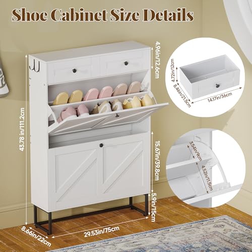 Shoe Cabinet with 2 Flip Drawers Freestanding Shoe Organizer with 2 Fabric Drawers Farmhouse Flip Shoe Storage Cabinet Narrow Shoe Rack Cabinet for Entryway, Hallway, Living Room, White