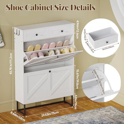 Shoe Cabinet with 2 Flip Drawers Freestanding Shoe Organizer with 2 Fabric Drawers Farmhouse Flip Shoe Storage Cabinet Narrow Shoe Rack Cabinet for Entryway, Hallway, Living Room, White