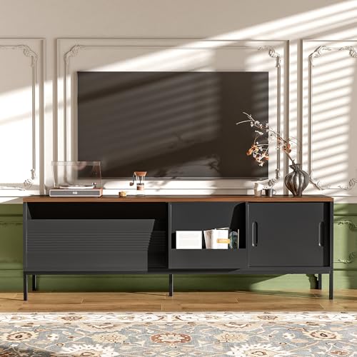 Modern TV Stand 71 in for TVs up to 75 Inches, Entertainment Center with Sliding Doors and Adjustable Shelves for Living Room, Black Media Console with Walnut Top and Sturdy Metal Frame - color: Black-h-70.90 X 15.70 X 22.50 Inch