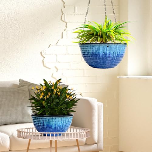10 Inch Hanging Planters, Glazed Hanging Basket with Drainage Holes, 2 Pack | Ceramic-Look Hanging Flower Pots with Chain Plant Hangers, Blue Flow Glaze - color: Blue Flow Glaze, size: 10inch