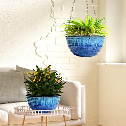 10 Inch Hanging Planters, Glazed Hanging Basket with Drainage Holes, 2 Pack | Ceramic-Look Hanging Flower Pots with Chain Plant Hangers, Blue Flow Glaze - color: Blue Flow Glaze, size: 10inch