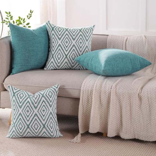 HPUK Throw Pillow Covers 18x18, Set of 4, Aqua Blue Couch Pillow Covers | Polyester fabric, patterned and solid designs, hidden zippers, machine washable, for sofas and beds, inserts not included - color: Aqua, size: 18" x 18" (Pack of 4)