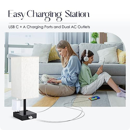 Bedside Table Lamps Set of 2 - Touch Nightstand Lamp for Bedroom with USB C+A Charging Ports & AC Outlets, 3-Way Dimmable Desk Lamp Flaxen Fabric Shade for Living Room Office(Bulb Included) - color: Flaxen