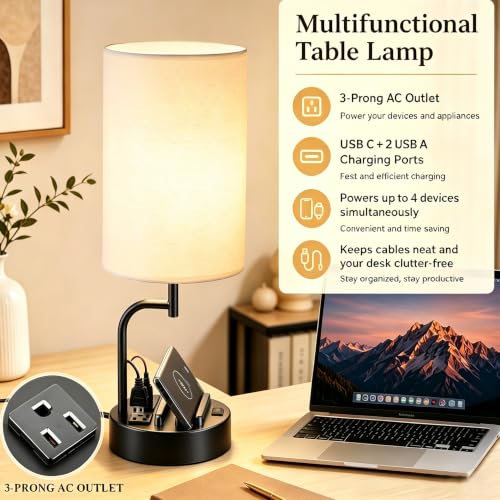 Dreamholder 2 Pack Table Lamp, Bedside Lamp with 3 USB Charging Ports & AC Outlet, USB Desk Lamp with 2 Phone Holders, Linen Fabric Shade Nightstand Lamps for Bedroom Living Room Office, Black - color: Black