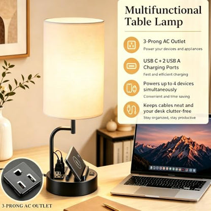 Dreamholder 2 Pack Table Lamp, Bedside Lamp with 3 USB Charging Ports & AC Outlet, USB Desk Lamp with 2 Phone Holders, Linen Fabric Shade Nightstand Lamps for Bedroom Living Room Office, Black - color: Black