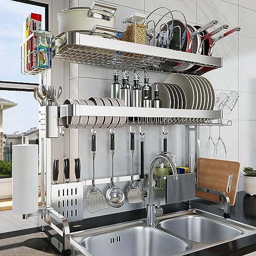 LIVOD Over The Sink Dish Drying Rack,3 Tier Adjustable Length Full Stainless Steel Large Storage Kitchen Dish Rack,for Kitchen Counter Expandable Multifunctional Organizers,Silver (25.98-37.6") - color: Silver, size: 3 Tier Style A