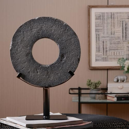 HAUCOZE Modern Home Decor Abstract Sculpture Table Centerpiece Art 13.8inch | Rustic Resin Statue with Metal Stand Ring Disc Ornament Screen Figurine Fashion Gift for Living Room Bedroom Office - size: 9.8x13.8inch