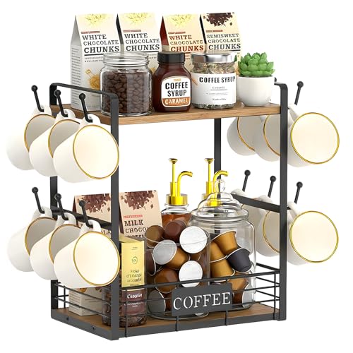Coffee Mug Rack with 12 Hooks, 2-Tier Coffee Bar Organizer with Shelf & Storage Basket, Countertop Coffee Cup Holder Stand for Kitchen, Home & Café - Black & Brown - color: 2-Tier (Large)
